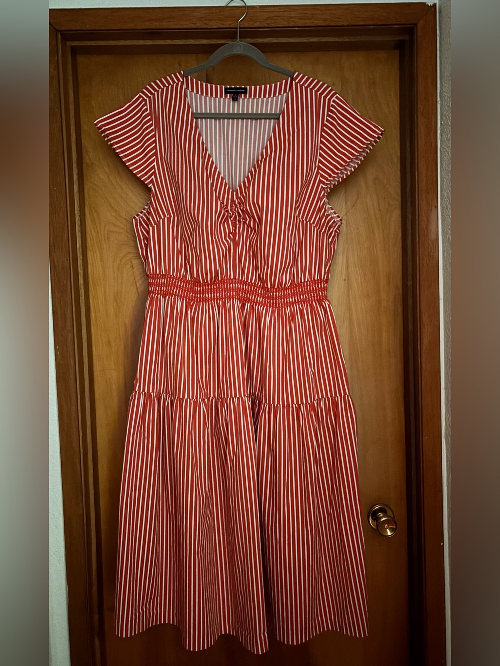 Universal Standard Red and White Striped Poplin V-Neck Midi Dress